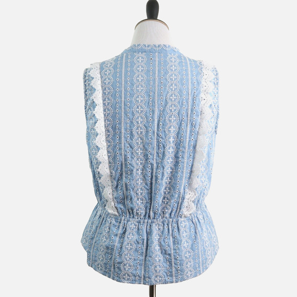 Ann Taylor Size L Chambray Lace Tie Front Top Peplum Sleeveless Blue - Picture 5 of 10